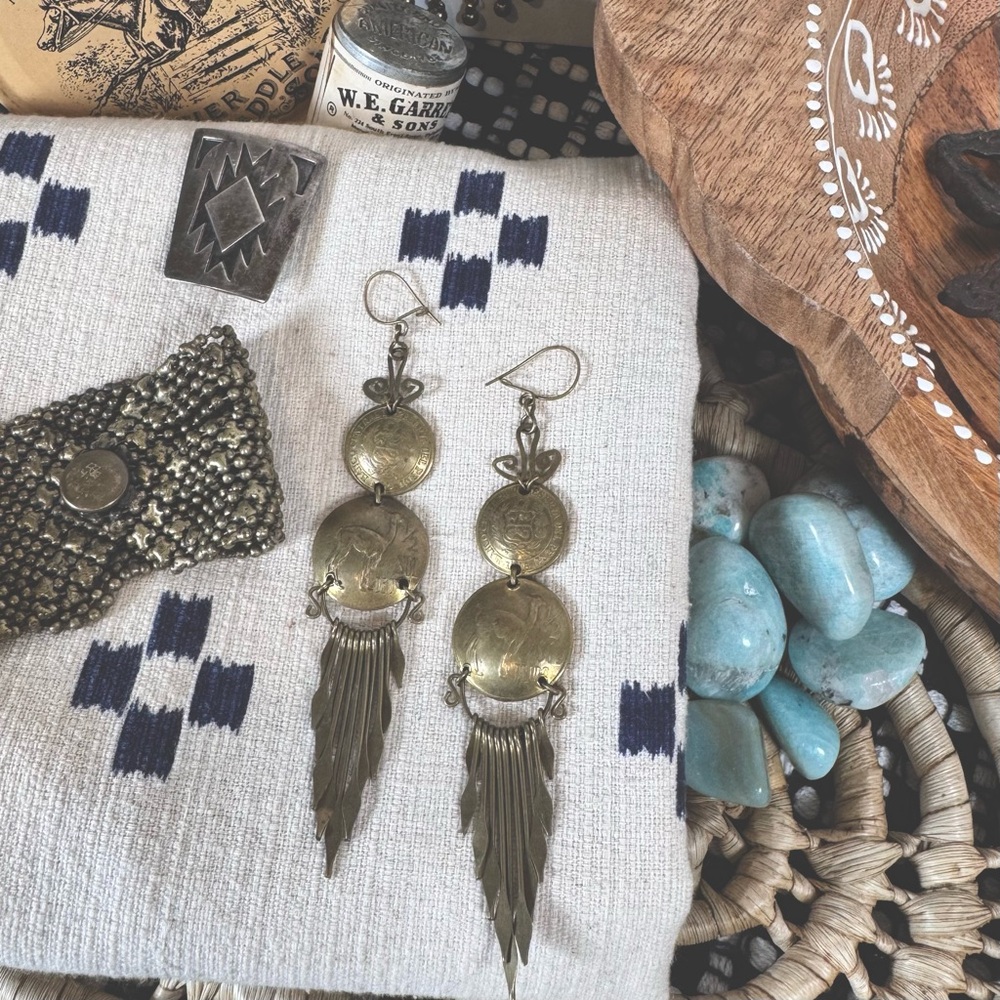 Vintage Peruvian Coin Earrings | Brass Fringe Dangle Tribal Boho Jewelry
